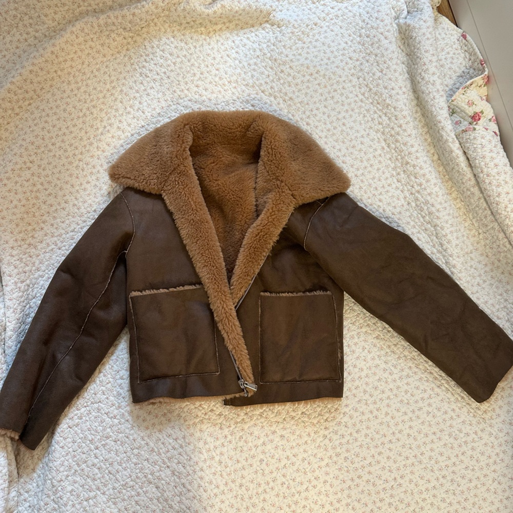 Pull and Bear Brown Faux Fur & Leather Reversible Jacket, size medium